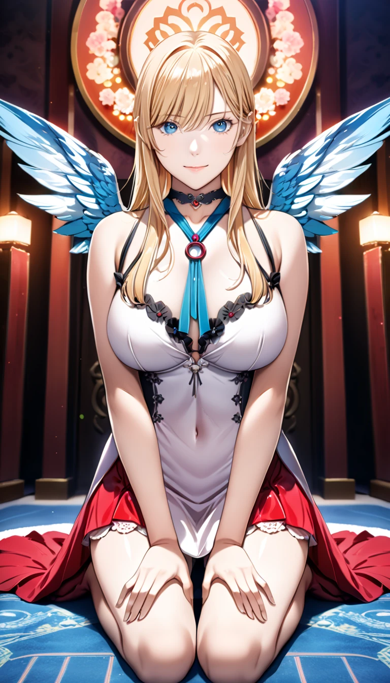 ((Best Quality)), ((Masterpiece)), (detailed), perfect faces, blonde hair, blue eyes, large breast, sexy, cow pattern bra, cow pattern lingerie, cow pattern underwear, cum in pussy, breast milk, angel wings
