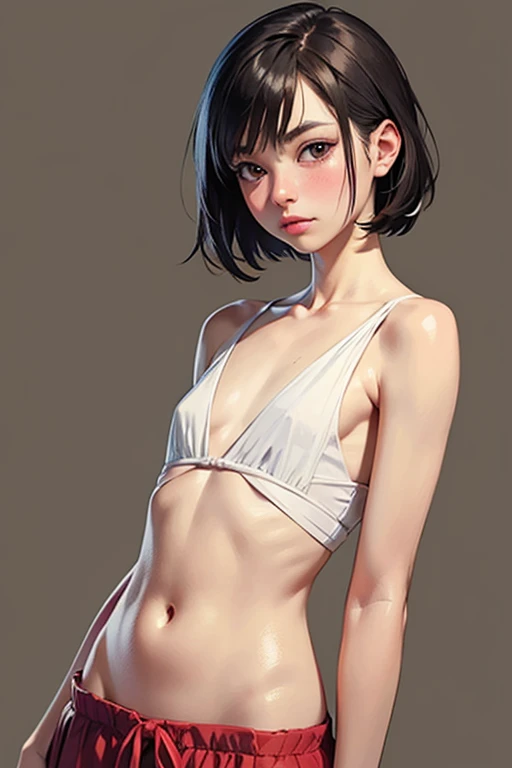 ((masterpiece, best quality)),((highres:1.2)),1 Girl, solo, Cowboy Shot, Blurred Background, ((flat chest:1.2)), Thighs, ((topless:1.2)), pussy, (naked), (((Impossible Pose))), 