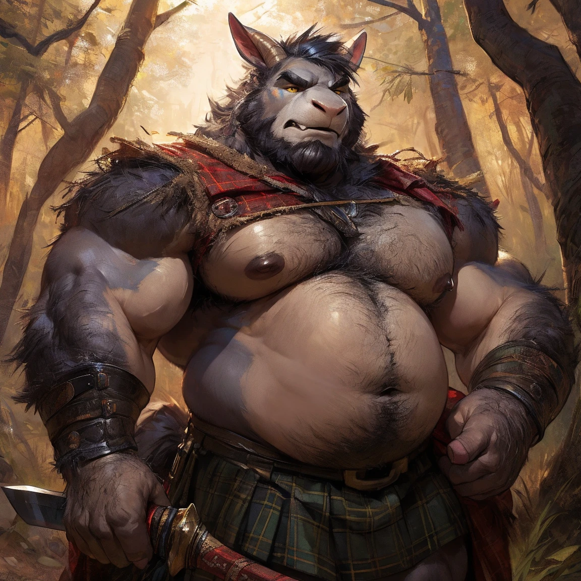 ultra-detailed, masterpiece, masterwork, high quality, best quality, hdr, (nature), nsfw, male, solo, dragon, ((bulge black underpants)), (little red body minotaur), (white chubby body), (long golden hair, yellow eyes, cool eyes), standing, cross your arms, from below, dynamic angle, earrings, sweat
