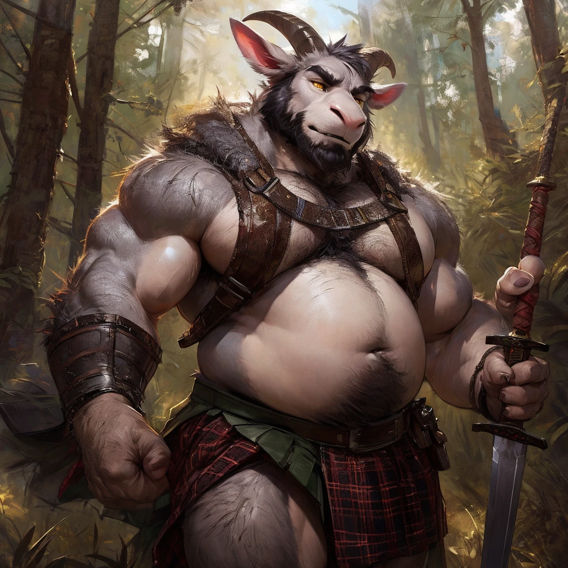 A male chubby muscular anthropomorphic cow a sleavless tunic, boots, and gloves, in a forest
