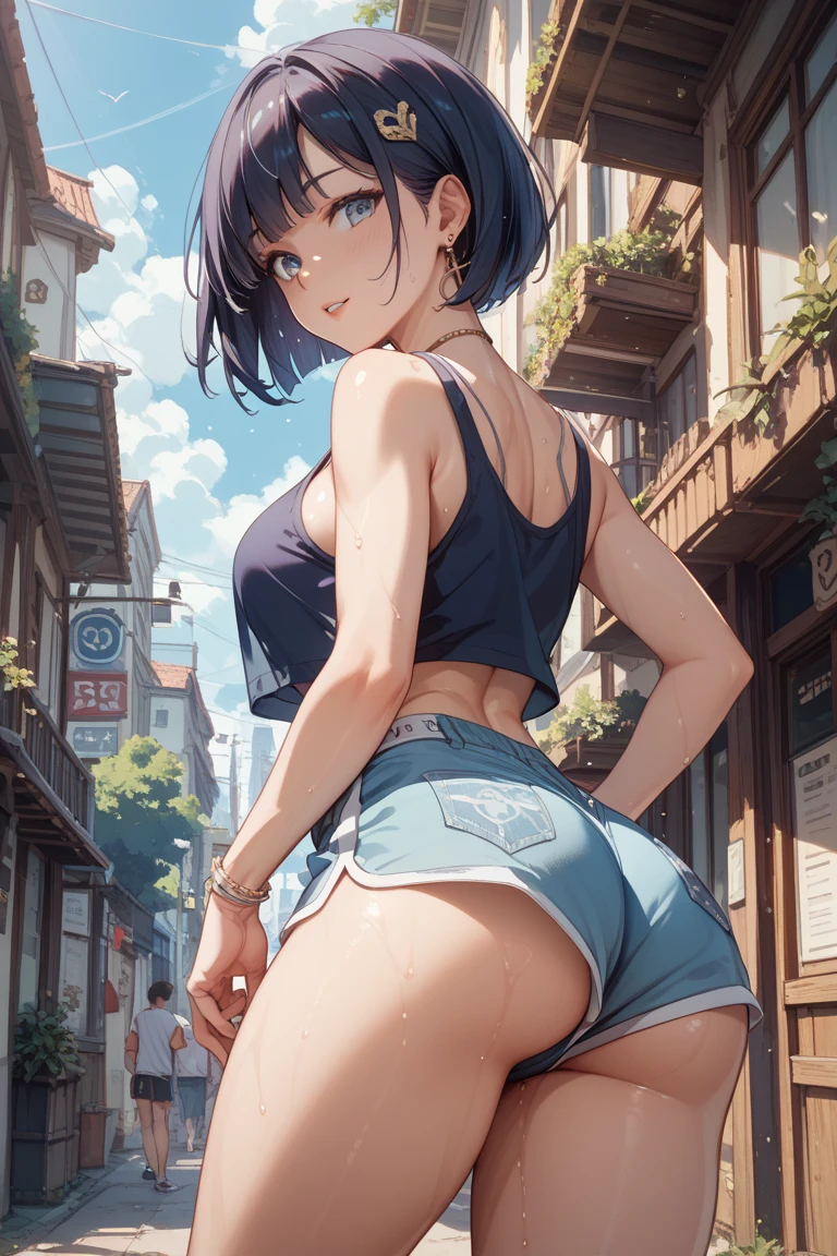 score_9,score_8_up,score_7_up,masterpiece,best quality, source anime, official art, super detailed, extreme detailed, rating_safe,
1girl, looking back, from behind, twisted torso, dynamic pose, dutch angle,
BREAK girl, 22yo, short hair, bob cut, (blunt bangs), black hair, (tareme, detailed cute brown eyes), curled eyelashes, (large breasts:0.9),
shiny hair, beautiful detailed eyes, beautiful face,
black tank top, denim shorts, butt crack, ass peek,
serious, surprised eyes, open mouth,
outdoors, back alley, sunset