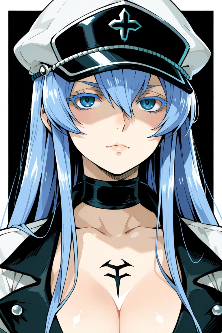 Esdeath, angry facial expression, breasts, large breasts, hat, cleavage, choker, hair between eyes, uniform, military, military uniform, tattoo, peaked cap, chest_tattoo, close-up