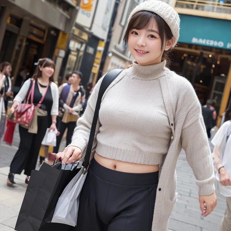 masterpiece,best quality,(Japanese ),((beautiful girl)),cleveage,Shopping street,(Perfect body beauty:1.2),Black underwear is exposed,pantyhose,(breast:1.4),sweater,Smile,Shopping