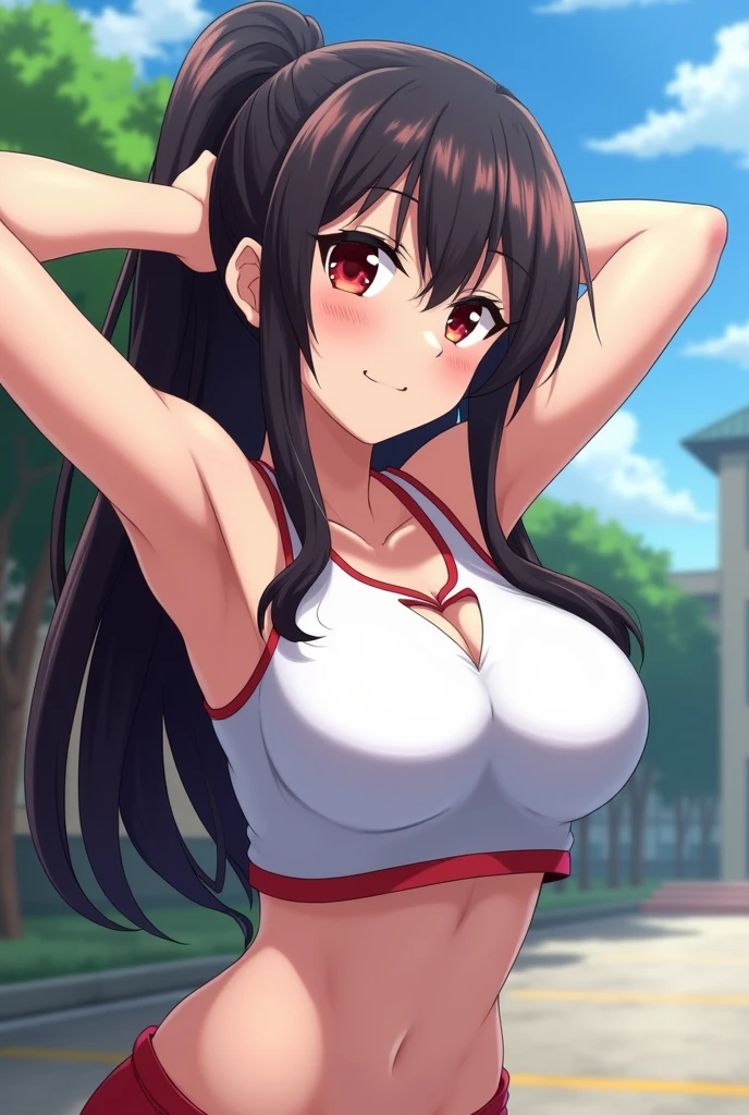 ((Masterpiece)), perfect anatomy, perfect shading, field of depth, (best quality), extremely delicate and beautiful, perfect lighting, detailed face, ultra cute face, cute, (cowboy shot 1.2), looking at viewer, full body, (((1girl))), (((solo))), cheerleader
long hair, fluffy hair, brown hair, pony tail, green eyes, ((blush)), nervous, (cheerleader uniform), (blue and white tank top 1.2), (short section red skirt 1.2), thigh highs, chocker, extremely tight clothes, large breasts, cleavage, perky breasts, (wide hips), (thick thighs), ((big butt)),
School gym, intricate background, detailed background, sweaty,