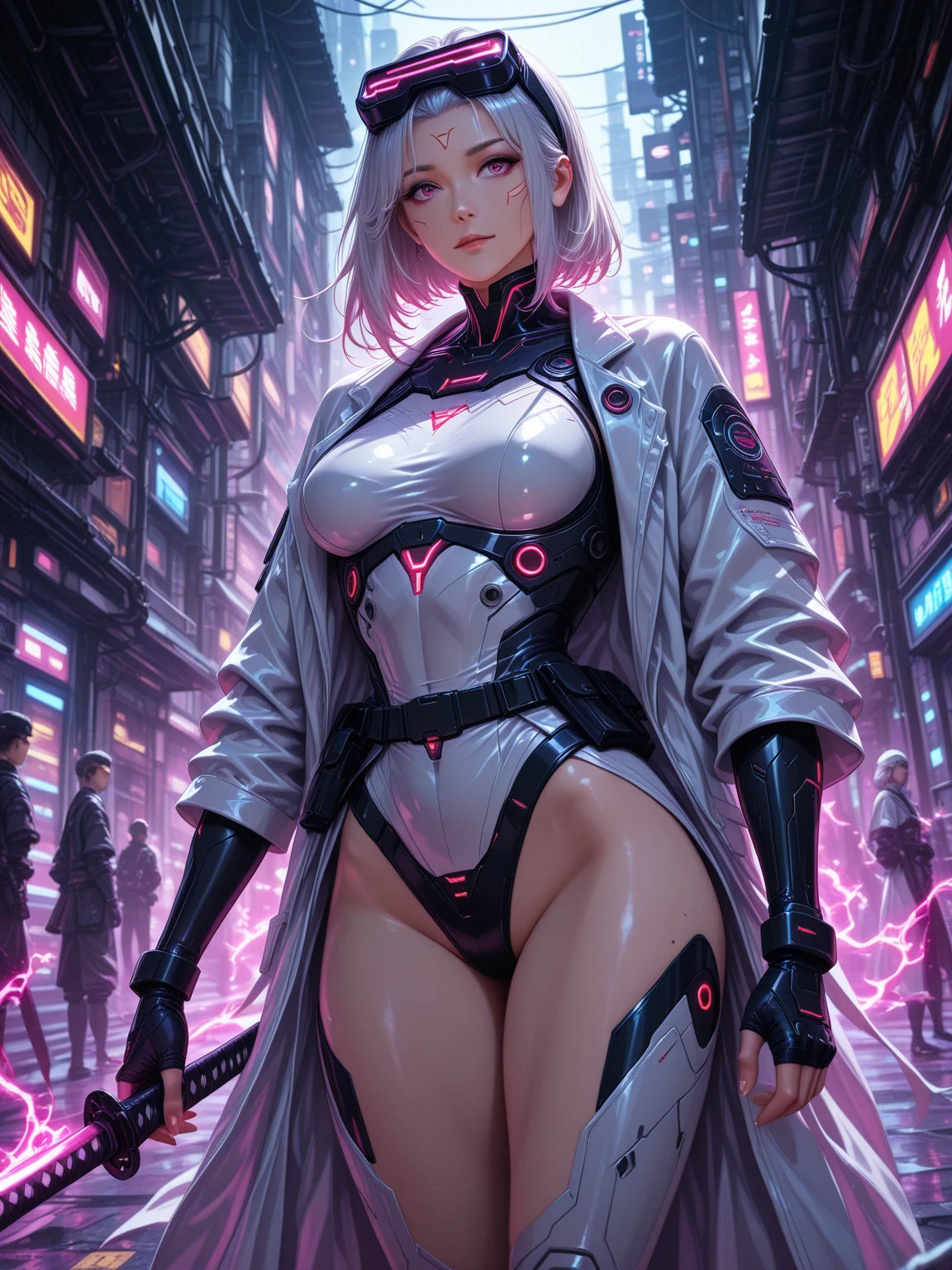 Woman 30 years (Scarlett Johansson pov), short white hair, tight cyberpunk clothing, sexy black Low-cut clothes with leds, unbuttoned futuristic cyberpunk white jacket, no buttons, no bra, no bra, beautiful face, medium breasts, wet and soft, close, sensual pose, fiery and lascivious wanting more, front view, nice thighs, head turned to look at viewer, perfect hands, glowing blue eyes, emissive eyes, purple lipstick, backlight, neon, Cyberpunk nighttime scenarium