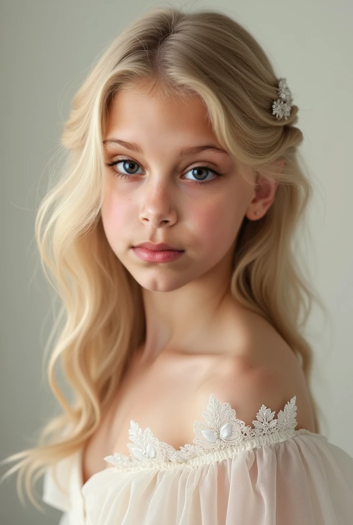 Russian style, girl children , photo studio white infinite background, close-up, bust, portrait , long blonde hair TRACES and giant bow PURPLE on head