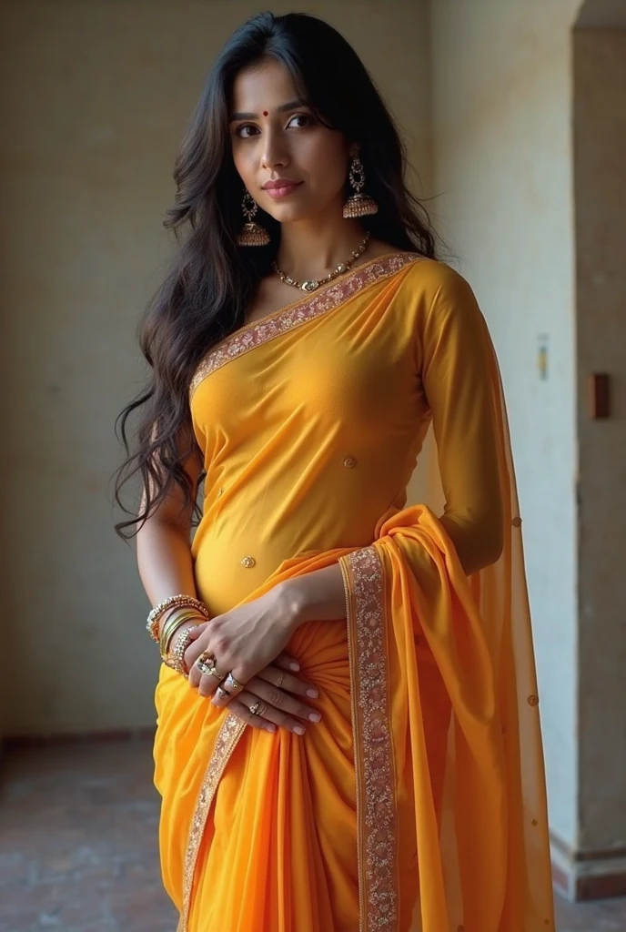 Make a photo of a women in high transparent yellow colour saree full naked doing Kamasutra pose. Realistic photo , wet and sexy with big breasts and open hips.