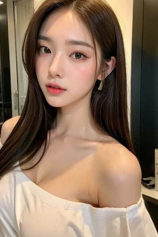 Kim Jennie with black hair, with curls, Brown eyes, beautiful brown eyes, crying eyes, upturned and pretty nose, watery nose, nice lip, pink lips, heart and cupid shaped lip, Beautiful skin, pale white skin, with moles and freckles all over his face, soft pink blush on cheeks, popular douyin makeup, nice douyi makeup, Nice neck, marked collar, tender look, with a necklace, while wearing a baggy tank top, with summer shorts, as long as you have a slim and Hermoso abdomen, sexy (big breasts, deep neckline, soft breasts, beautiful breasts), while in a bar style restaurant, with friends, autophoto, looking to the camera