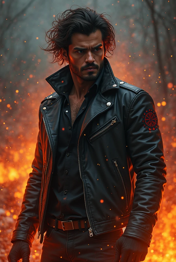 ultra realisitic; man play between 25 years, strong physical build, sexy chest, hair long black, Canadian, very white skin, greeneyes, hole in the chin, “Chad” face, Red and black coat, and using liquid lava powers, the back of a place with a bar and tables on fire