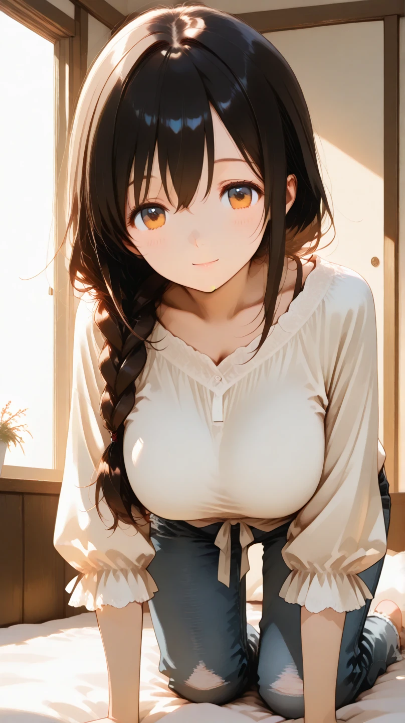 head tilt、Upper Body, Realistic, real person, (pale skin: 1.2),
RAW photo, photorealistic, portrait photography,
shiny skin, shiny hair、(A 25-year-old woman with medium-length hair and bangs) and (wavy hair) and (brown hair) and (orange eyes) ,
chemise、
seductive smile, bedroom、
(Looking Down from Above:1.8), (upturned eyes :1.5),
head shot,