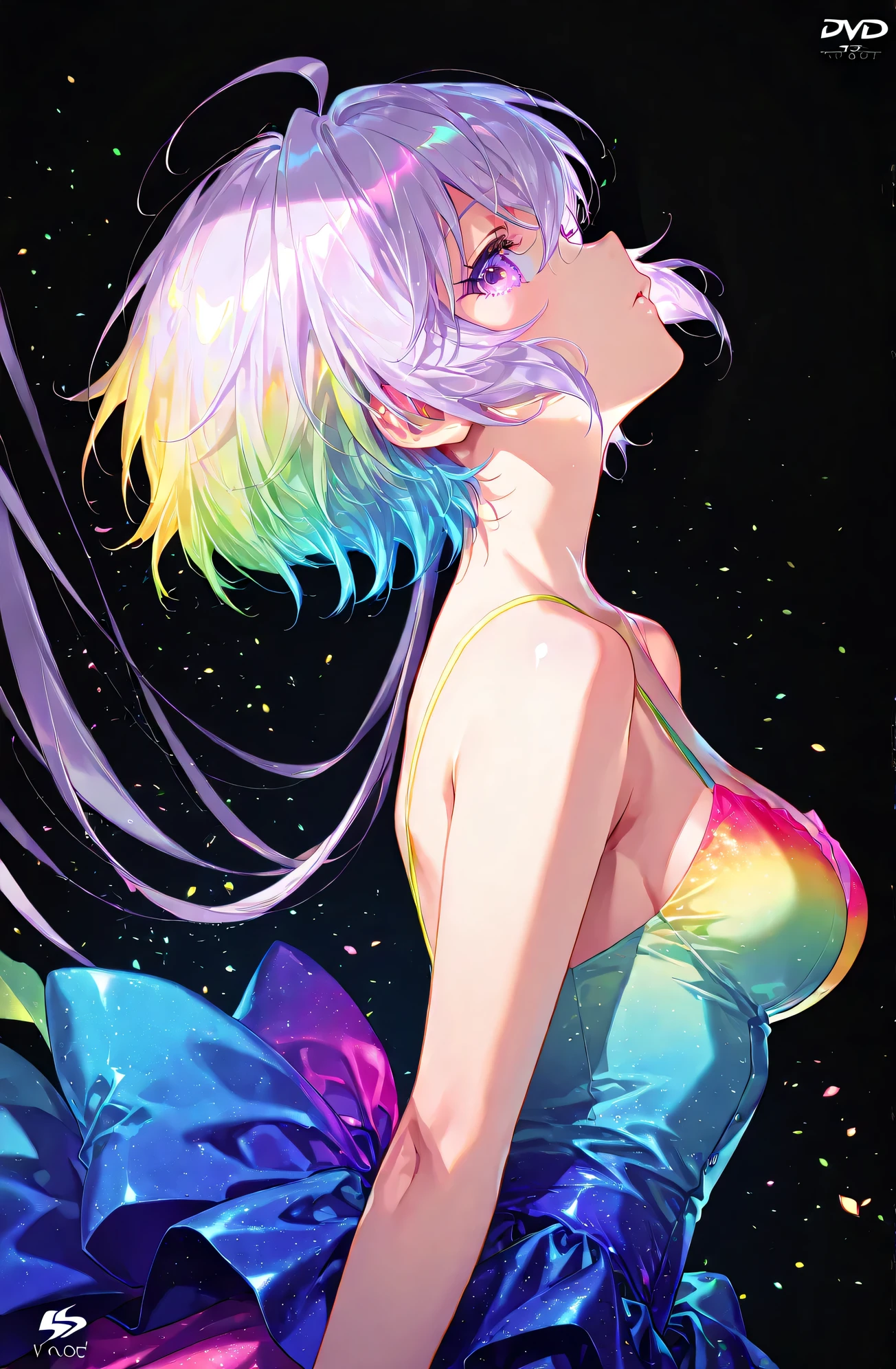 (( 1 girl)), symphogia、Yukine Kurisu、Yukine Chris、high quality DVD、high image quality、beautiful eyes、black background,colorful, vibrant, Shining Contours ,neon,Official Art、profile,viewer, masterpiece, Extremely Aesthetic、battle pose、Animation with movement、Light powder、neonヘア、