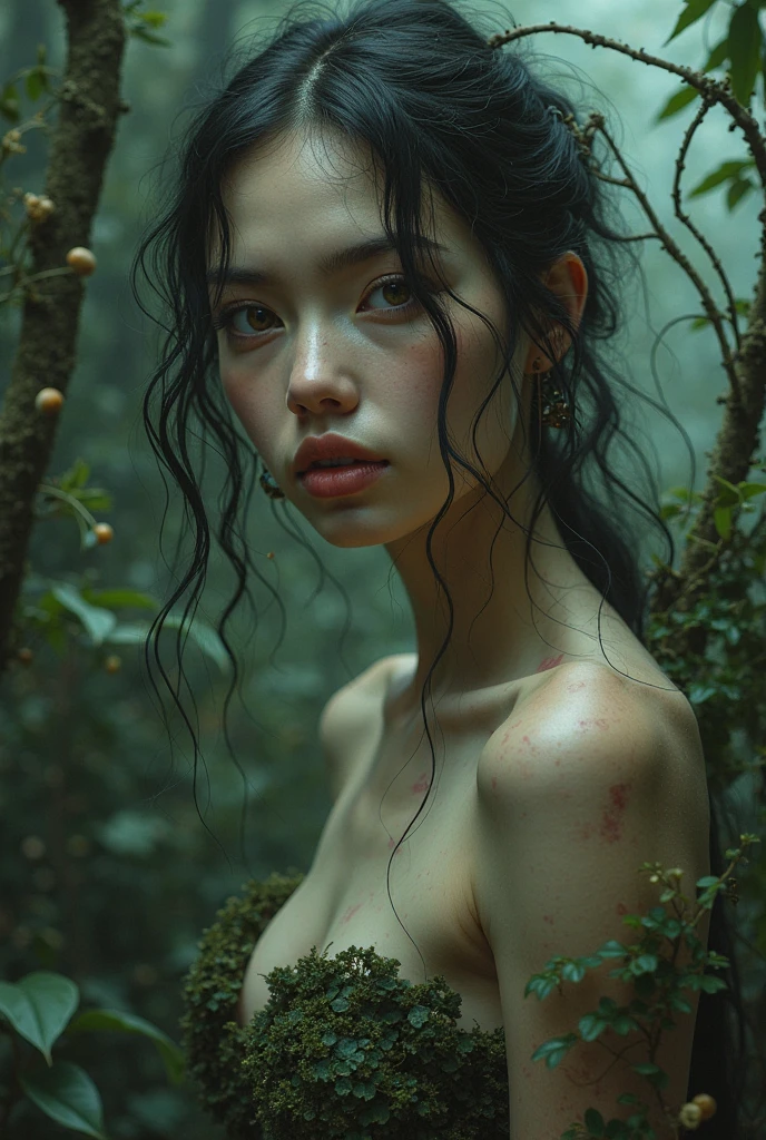 height,Portrait,dark light,swampy forest,beautiful girl,fierce natives,Awesome atmosphere.,ominous shadow,ethnic jewelry,Helpless victims,bright colors,Creepy scene,greenery greenery,Detailed facial features,Fierce eyes,Long, flowing hair,painted face,The fear in her eyes,tribal mark,Close to change,suspense,abandoned doll,Awesome numbers.,Awesome expression.,lonely,mesmerizing beauty,Wet and muddy environment,distant nature sounds,Surreal atmosphere,An unforgiving wilderness,tension in the air,growing vines,invisible danger,การต่อสู้อันlonely,Stuck in a nightmare,withered tree,A piercing scream,Escape potential,Desperation in her movements,Proportion like a toy,Premonition of fate,An ominous ritual