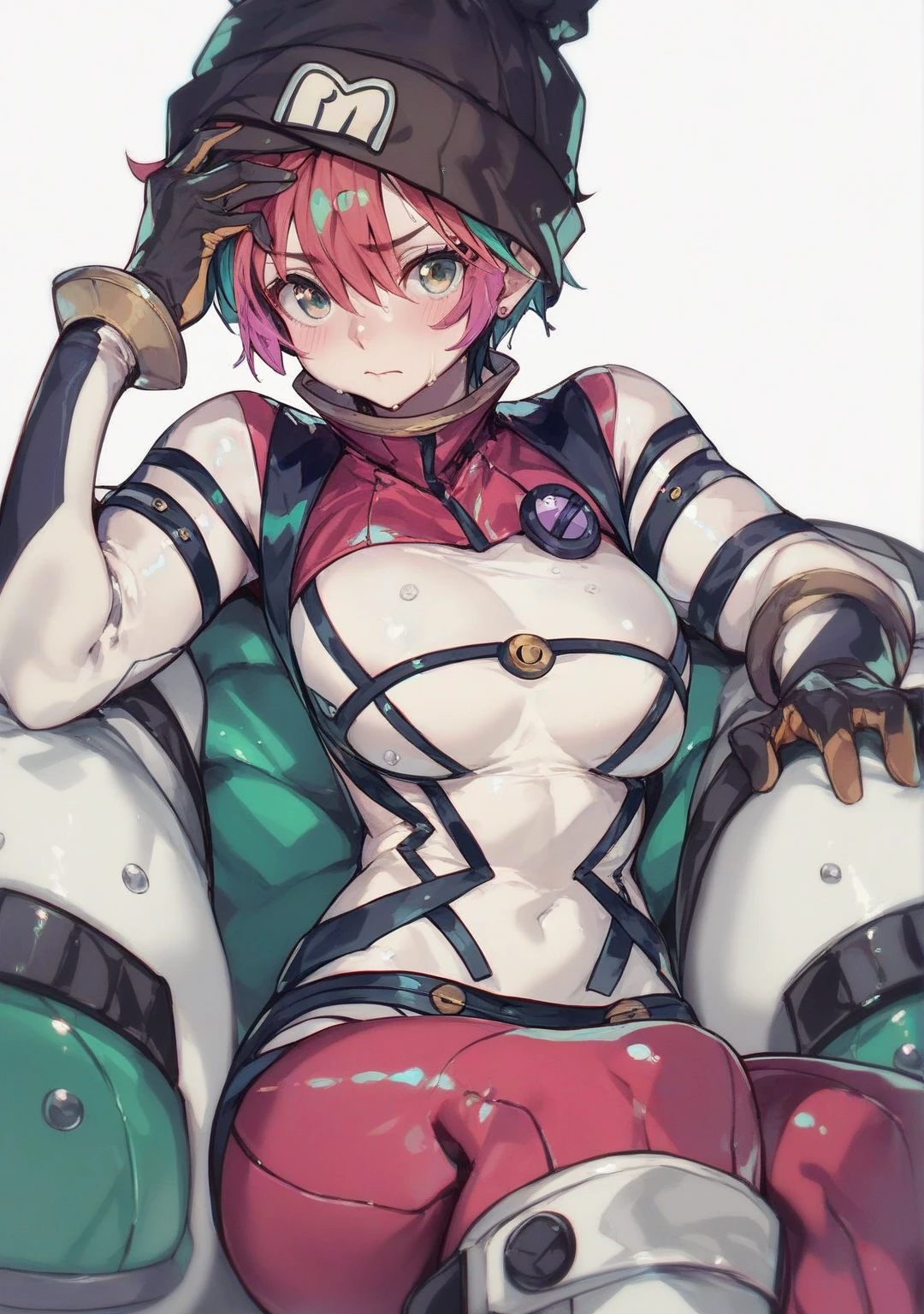 1 girl, high quality, (short hair), pink hair, forehead, blue eyes, (medium breast), (straps on thighs:1.3), white background, nature, (stocking), (sweaty:1.1), (nipples:0.8), thick thighs, (middle Ages:1.2), (long dress), (cameltoe), armor