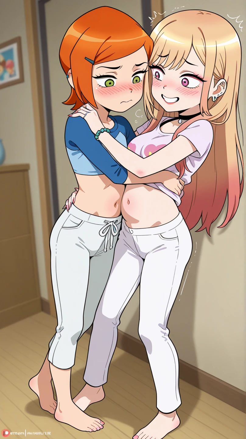Pants pulled down, pussy, anus , show me your butt, teasing, smiling , blush, red hair, changing room 
