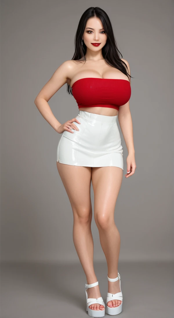 table top, highest quality, realistic, Super detailed, finely, High resolution、( 8K)、 1 beautiful woman,, (Full body to toes:1.4)、(big breasts、big ass)、light brown messy hair、((red mcdonald'employees of)),((Mini skirt in red color))、((I'comes with the order))、 sharp focus, perfect dynamic composition, beautiful and detailed eyes, thin hair, Detailed realistic、(( skin texture, (toothy smile)、model body shape、wearing high heels、