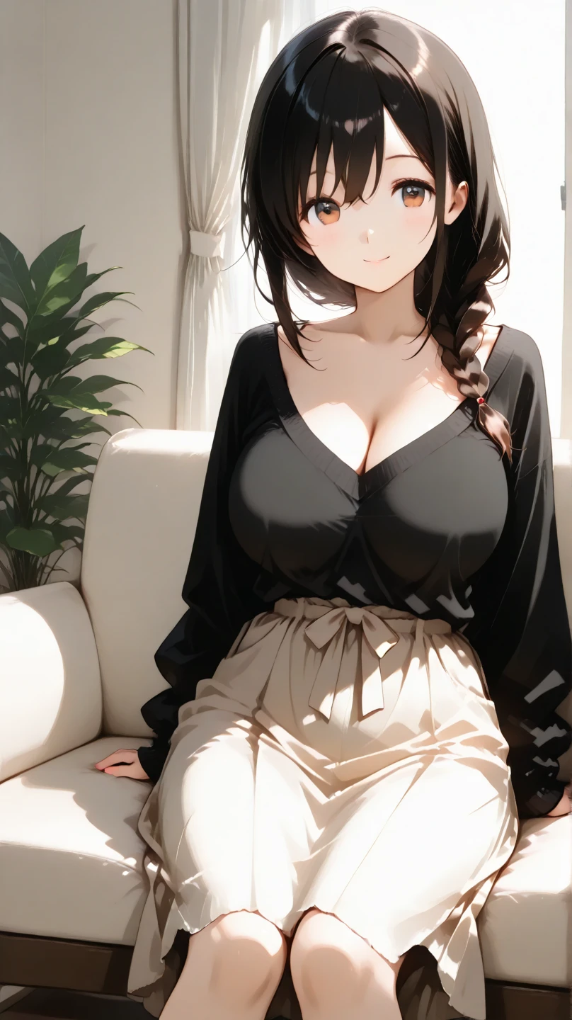 (masterpiece、Highest quality、Very detailed))、One Girl、Black Hair、short hair、Twin tails、Blunt bangs、Wavy Hair、Grey Eyes、((Open your mouth、Drooling from the mouth))、((Cum on tongue))、((Lots of earrings))、((Very large breasts))、((White sweater))、Cleavage、Off the shoulder、Strapless、((Thick waist))、Thighs、Kneel、On the bed、Bedroom Background