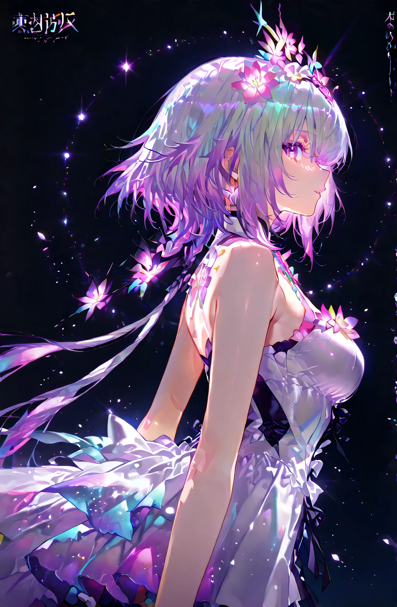 (( 1 girl)), symphogia、Castorice、high quality DVD、high image quality、beautiful eyes、black background,colorful, vibrant, Shining Contours ,neon,Official Art、profile,viewer, masterpiece, Extremely Aesthetic、battle pose、Animation with movement、Light powder、neonヘア、