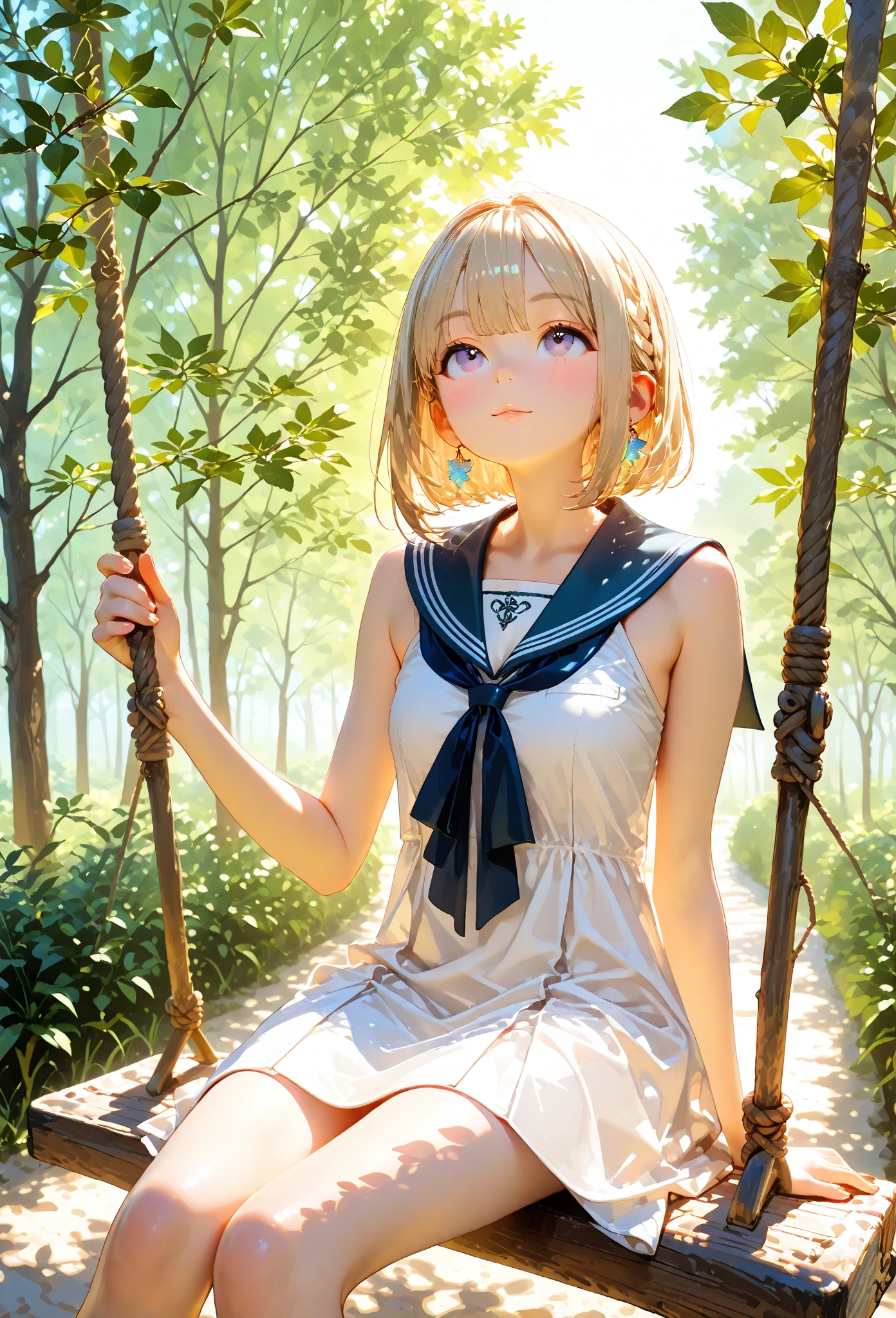 Maiden swinging in the garden，blonde with blue eyes，The garden has a lot of flowers
