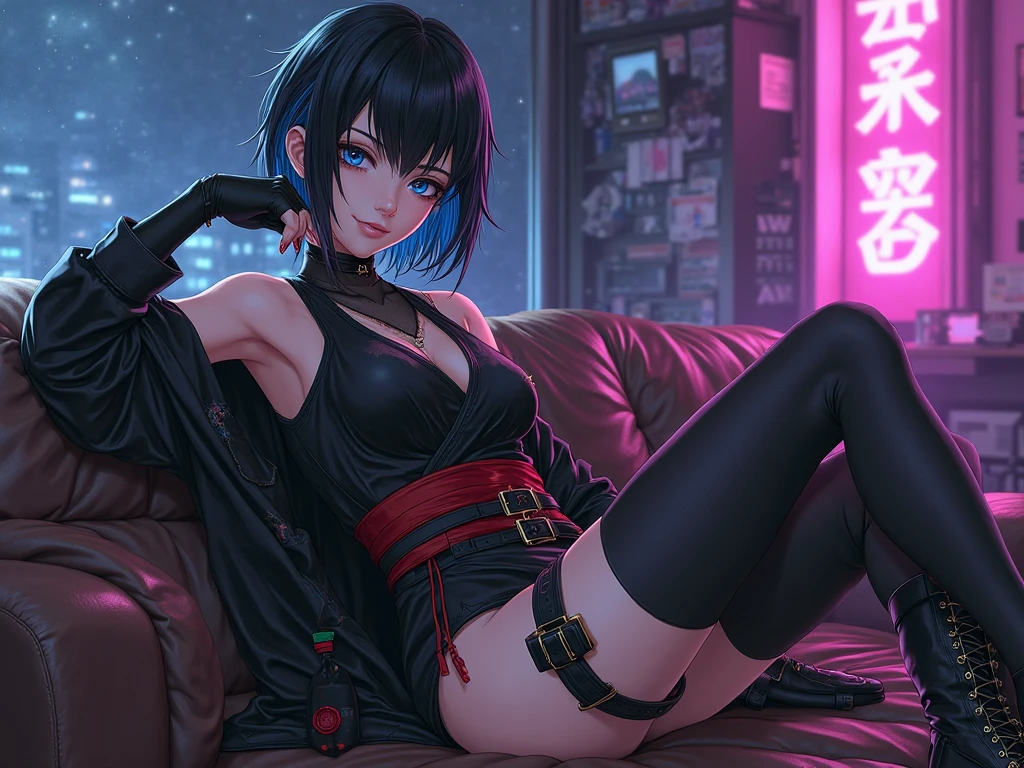 masterpiece, lots of detail, 4k, 8k, ((ultra-detailed)), highres, 1girl, lounger, window, city, night, goth, thighhighs, choker, arm gloves, {red hair|green hair|black hair|blue hair}, {ponytail|short hair|long hair|curly hair}