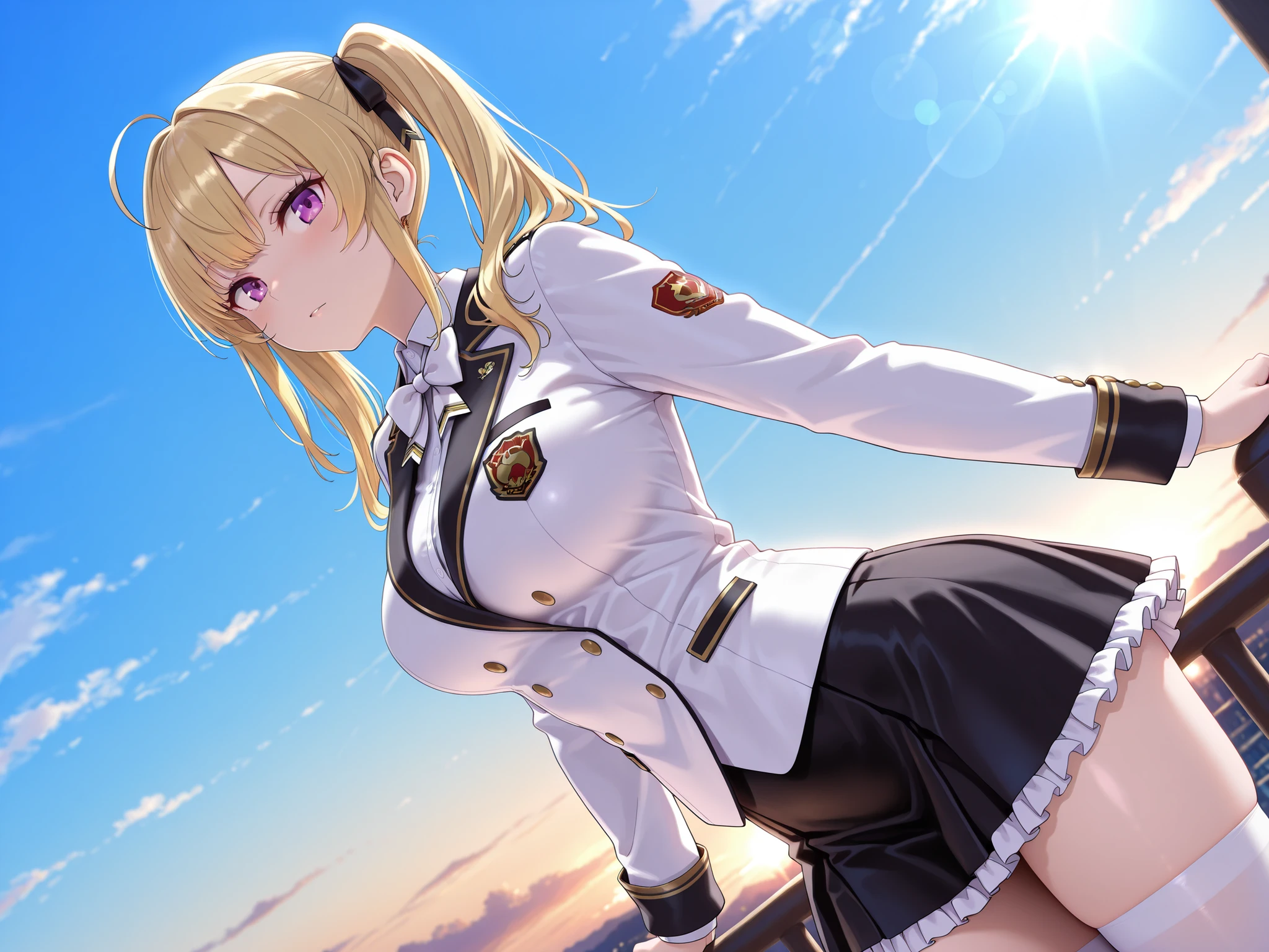 solo,masterpiece,best quality, amazing quality, highres, absurdres, very aesthetic, high resolution, ultra detailed, perfect details,nijirion,large breasts,purple eyes,blonde hair,twintails,ahoge,hair ribbon,nijirioncos,white shirt,white bowtie,white jacket,black lapels,button,black skirt,frilled skirt,miniskirt,white thighhigh,(masterpiece, detailed:1.2)