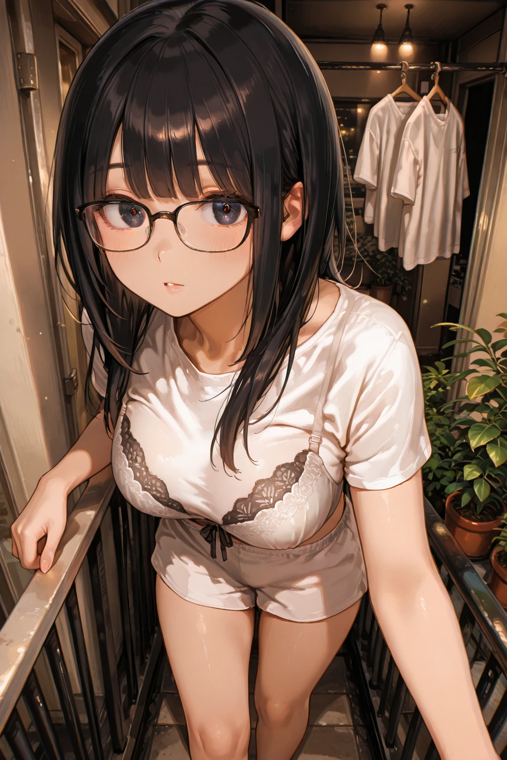 (trying panties pull), (in the changing room), a cute girl, glasses, braids, black hair