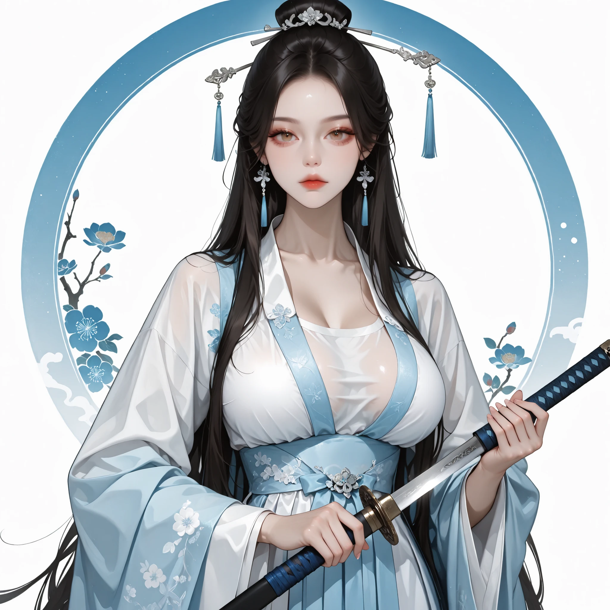 very aesthetic, 걸작, 고해상도, 8k 해상도, high contrast, (semi-realistic), newest, koreanai, RP-Illu, best_quality, finely_detailed_eyes_and_detailed_face, (1 girl, bishoujo), solo, long_hair, straight_hair, (slicked_side:1.4), ruanyi0759,blue dress,hanfu,jewelry,wide sleeves,white dress,undershirt, holding_sword, fighting_stance, martial arts, (plum blossom), looking_at_viewer, front_view, upper_body_shot,(humongous_breasts, huge_breasts, skinny, skinny_face, tall_height), brown_eyes, expressionless , black_hair