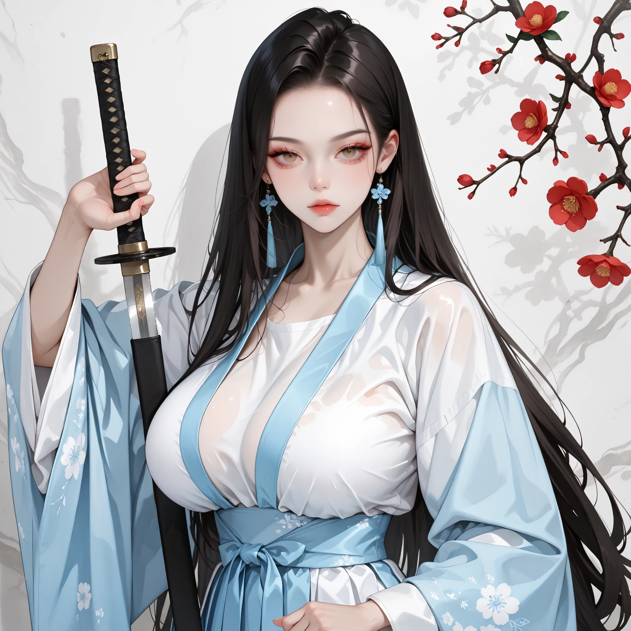 masterpiece, best quality, amazing quality, hyper-detailed, newest, very aesthetic, koreanai, RP-Illu, best_quality, finely_detailed_eyes_and_detailed_face, (1 girl, bishoujo), solo, long_hair, straight_hair, (slicked_side:1.4), ruanyi0759,blue dress,hanfu,jewelry,wide sleeves,white dress,undershirt, holding_sword, fighting_stance, martial arts, (plum blossom), looking_at_viewer, front_view, upper_body_shot,(humongous_breasts, huge_breasts, skinny, skinny_face, tall_height), brown_eyes, expressionless , black_hair