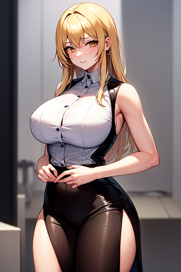Modern elf, office, formal sleeveless white shirt, glasses, black pants, long pony tail, cleavage, glasses, sexy, beautiful, tall, slender, slim, fit, muscular, stylish, rich, evil.