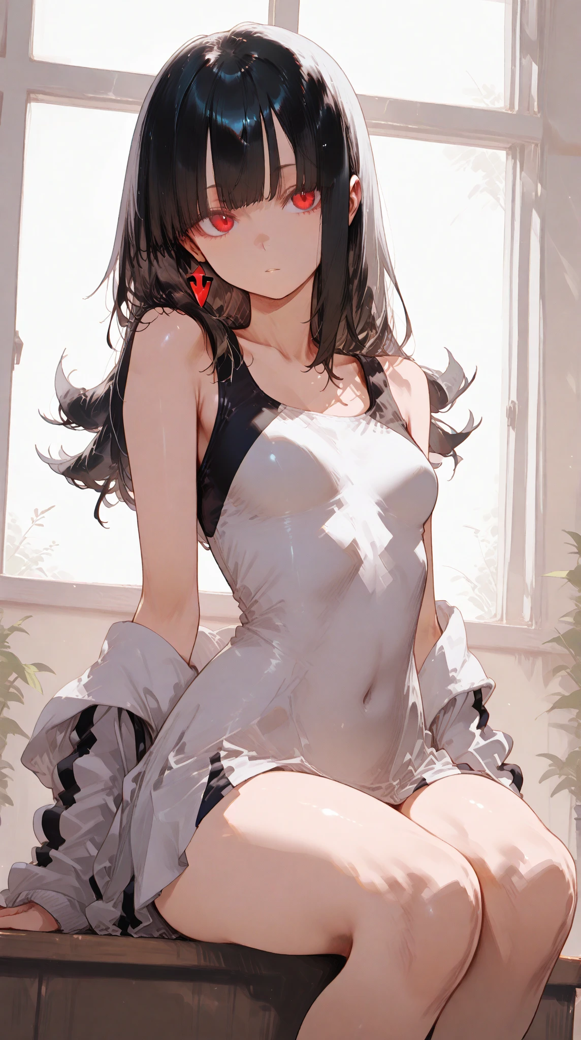 (A superb exquisite Chitanda Eru), (mature face), intricate details, (finely detailed beautiful eyes: 1.2), purple eyes, long black hair, natural straight hair, straight bangs, solo, full-body, [Small_breasts: large_breasts: 0.5], (masterpiece:1.4), extremely delicate, peerless beautiful girl, dreamy quality, solid color, bright lips, slender waist, straight curves, soft lights and shadows, (((blush, soft lips, white background, white apron, sexy pose, stockings, 1990s (style))))
