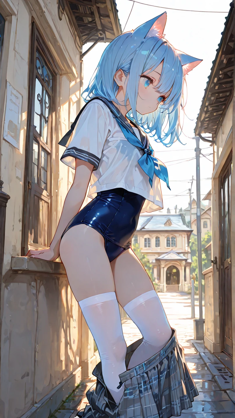high resolution,masterpiece,alone, (1 girl), single, (((blue sky))), , Are standing, ((from below:2,look down:2, View with viewer:2)), with a girl:hair is black ,tie with ribbon。Her face is round and cute。 shy, embarrassing , overreaction:The girl's surprised expression、, ((Super small panties, white panties)),