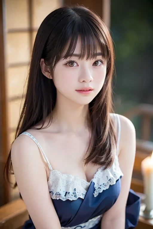 A young girl from Northern Europe, 21 years old, happy, cute face, pale skin, black hair, eyeliner, thin nose, wearing a neckline, wooden house porch, sitting on a wood chair