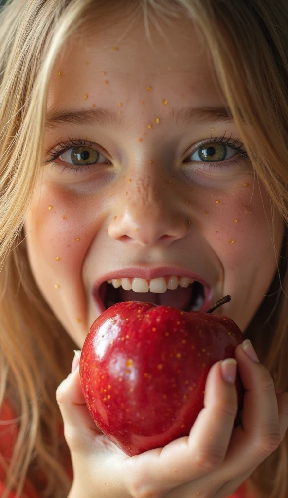 girl CHILD RED HAIR OF STRUTS, HOLDING TWO GREEN APPLES IN FRONT OF HER FACE, HOLDING AN APPLE, EATING ROTTEN FRUIT, A HOLDING APPLE IN HAND, GREEN APPLES, HOLDING MARACAS, WITH APPLE, SLIME, APPLES, SHE IS GUIDING A PEACH, SENTIENT FRUIT, GREEN SLIME, HOLDING EASTER EGGS, PROMO STILL, 3 4 5 3 1, photoshoot