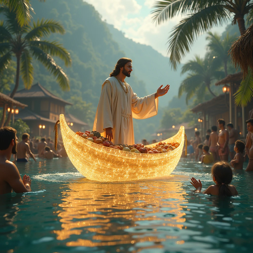 Buddha and Jesus Christ swimming with dolphins. They have a wise and benevolent face. They are enjoying swimming in the sea. They are smiling happily. they are shining. Surrounded by rainbow-colored light. Jesus of Nazareth is depicted as a gentle, gentle man with shoulder-length hair. His wavy brown hair flows over his shoulders. His captivating hazel eyes convey deep wisdom and empathy, radiating warmth and understanding. In Japanese, Buddha is depicted as a kind-hearted person with a shaved head and a gentle and cheerful expression. His captivating dark eyes convey deep wisdom and empathy, radiating warmth and understanding. beach, hibiscus, macro photography, close-up, highly detailed, trend at art station, sharp focus, studio shot, intricate details, Greg Rutkowski,