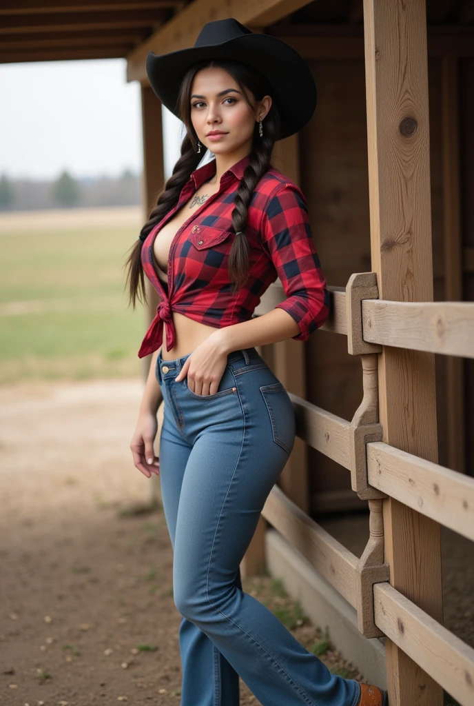 a woman in a red shirt and blue jeans  standing on a skateboard, skinny waist and thick hips, tight outfit, accentuated hips, tight fit, thick, tight attire, thick thigs, widest hips, waist - shot, her belly button  exposed, beutifull, middle shot waist up, black extremely tight jeans, wide hips
