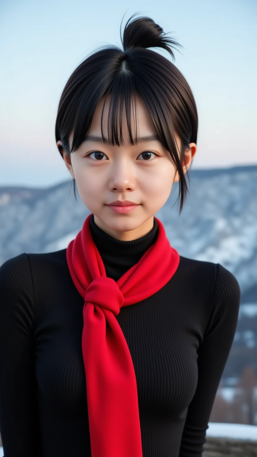 8K, ultra-realistic, highly detailed, photo-like. Perfect lighting, soft shadows, lifelike skin texture, shallow depth of field.
A very slim and very flat-chested short Japanese high school girl with black hair in a bun, smiling brightly and wearing a black turtleneck sweater and a red scarf. A chest-up portrait viewed from the front. The background is a snowy mountain. (((clothing is intact, fully dressed, no )))