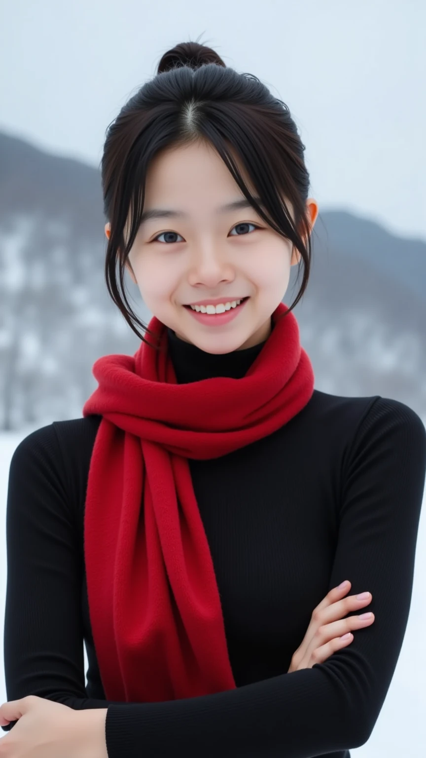 8K, ultra-realistic, highly detailed, photo-like. Perfect lighting, soft shadows, lifelike skin texture, shallow depth of field.
A very slim and very flat-chested short Japanese high school girl with black hair in a bun, smiling brightly and wearing a black turtleneck sweater and a red scarf. A chest-up portrait viewed from the front. The background is a snowy mountain. (((clothing is intact, fully dressed, no )))