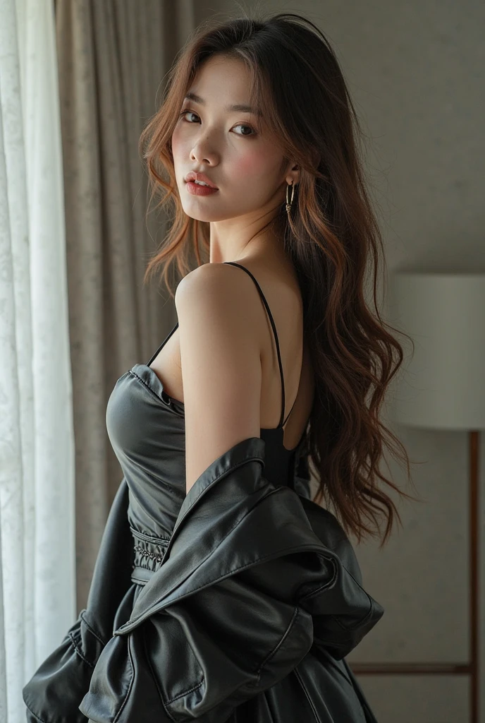 1 woman,brown dress,tolal body shot,whole body shot,white wall back ground,big brack hair with big bangs