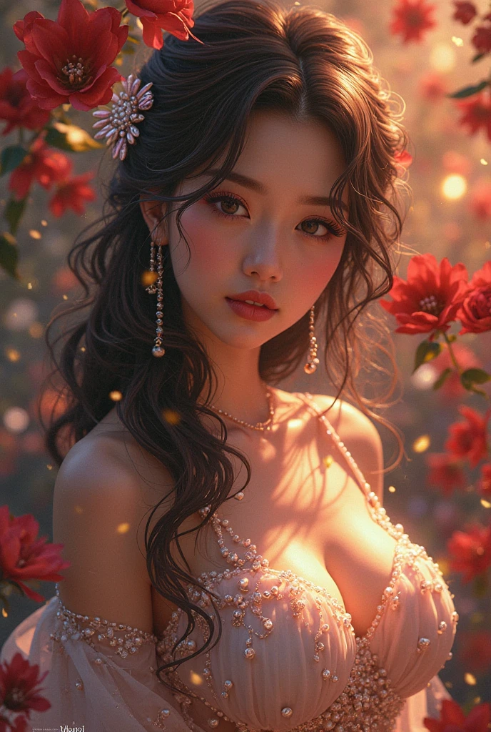 beautiful asian woman, beautiful detailed eyes, beautiful detailed lips, extremely detailed face and portrait, long hair, busty, cute expression, (best quality,4k,8k,highres,masterpiece:1.2),ultra-detailed,(realistic,photorealistic,photo-realistic:1.37),trending on artstation,highly detailed, flowers, floral, petals, creative background, text "follow me", dynamic, cinematic lighting, warm colors, vibrant, volumetric lighting, dramatic