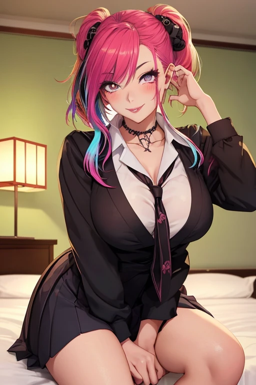 ((medium breast, 15 girl, small head)),  ((15)) daylight, sunlight, (perfect body : 1.1), (young), (short wavy hair:1.2), full body shot, (girl wearing school uniform:1.4, pleated skirt, button up shirt), (extremely detailed CG 8k wallpaper), (an extremely delicate and beautiful), (masterpiece), (best quality:1.0), (ultra highres:1.0),  beautiful lighting ,perfect lightning, realistic shadows, [highres], detailed skin, ultra-detailed, spread legs, legs up, bent over, large earring, thighs, (beautiful long hair),, fine collarbone, soft navel, soft midriff, soft back, angle from above, sweaty, beautiful breasts, blush, photorealistic, realistic face, realistic eyes, small eyes, smirk (((colorful))) (((cleavage))), (freckles), (eye liner), (mascara)