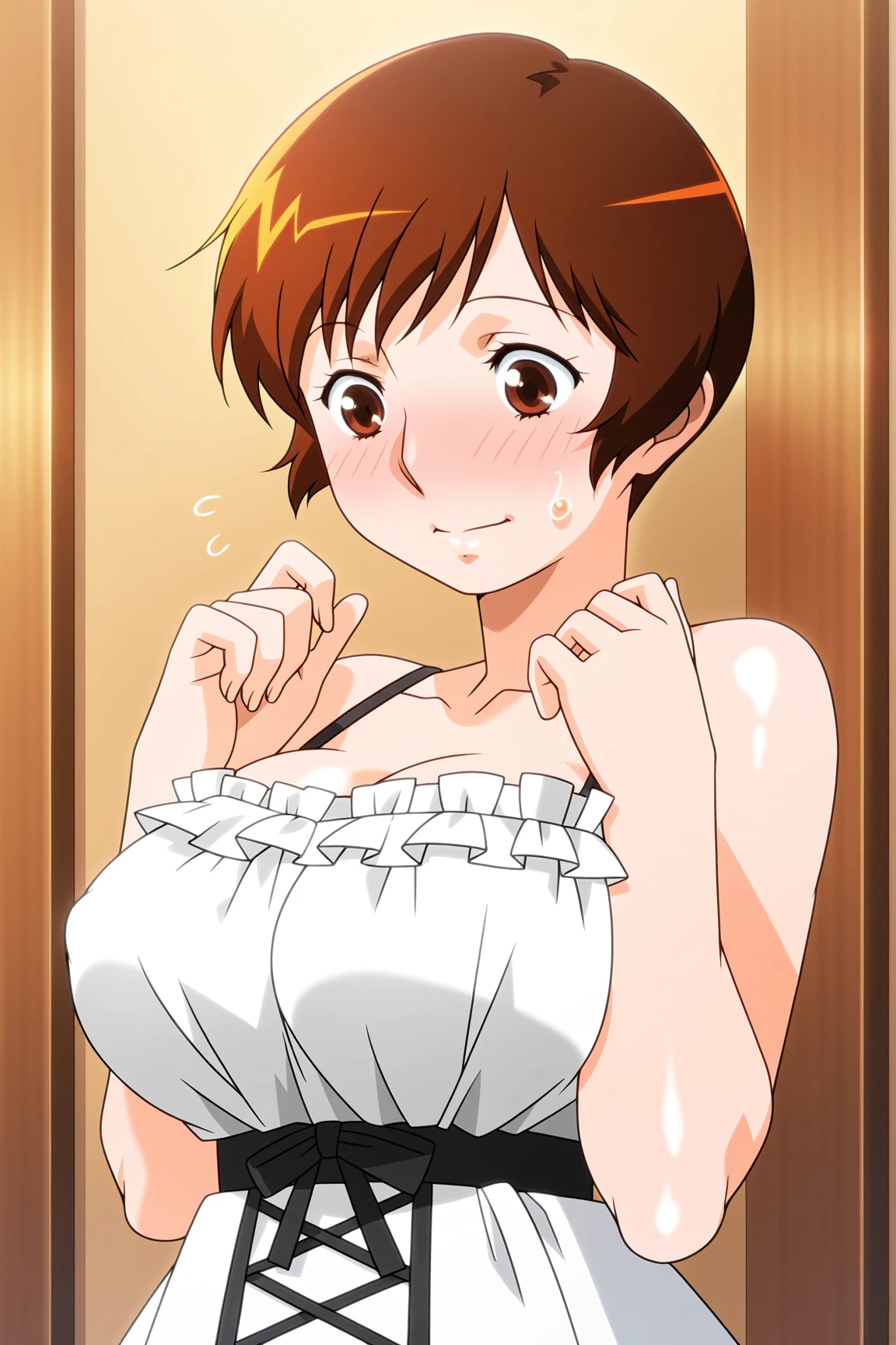 、(masterpiece、Highest quality)、Highest quality, Ultra-high resolution, (((masterpiece))), alone, Sweat、Big eyes, Composition from the front、Shortcuts、Embarrassed face、Bronze colored hair、Cut the back hair short、Bathroom、Shower scene、 Expose、Completely naked、pubic hair、belly button、Large areola、Nipples、short hair