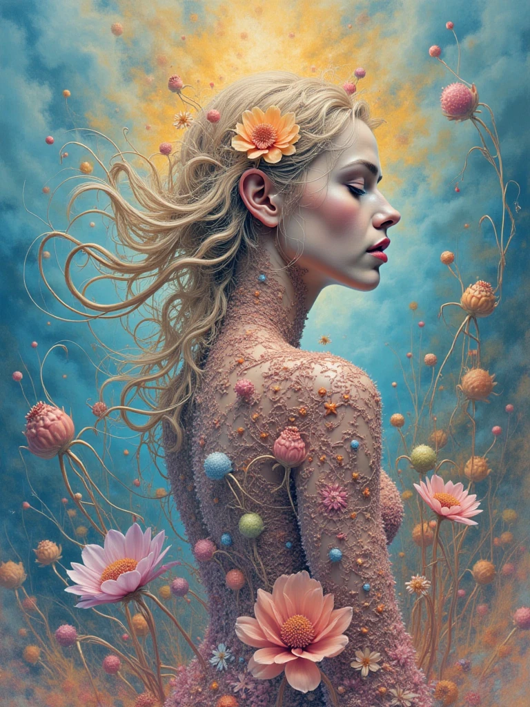 Designed by nty, A woman is, nude, (naked), design vector,Tokar, 8K, hyper HD, Albino demon girl standing, (nude), shot from far away, (large eyes, Eyes are delicate and beautiful, Beautiful and delicate face, Details on the face), ( with black curled hair:1.3) , pink rose bush, winking, white background, Complicated details, coloured background, Abstract, (pubic hair, hairy pussy, hairy vulva), (small saggy breasts), ((full body and face painting), bare feet