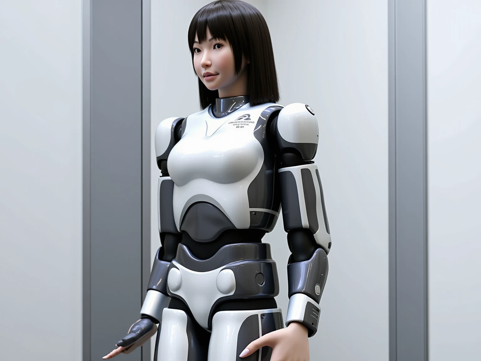 ((best quality)), ((masterpiece)), (detailed),40-year-old Japanese woman transforms into Robocop、Long black hair、Antenna-shaped mechanical ears、Blue Eyes、Silver metallic body、Big Tits、Glamour、Expressionless、Robot Joints、robot pose、Background is the research institute