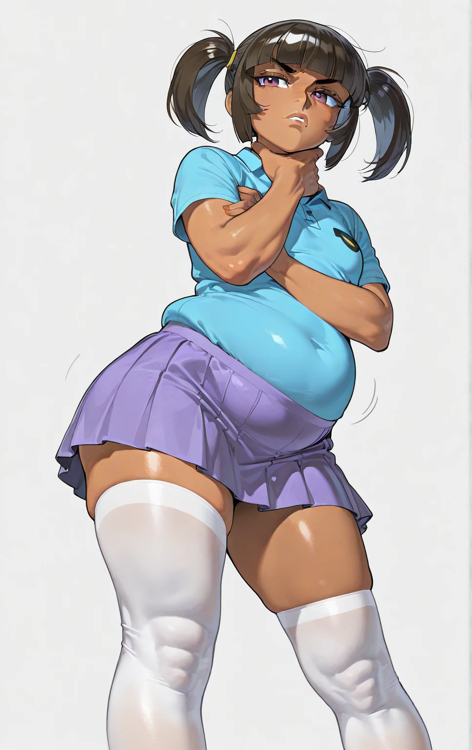 Masterpiece, best quality,alp artstyle,Solo, instant loss,Sonoda umi love live,(white and blue leotard), magical girl ,star glasses, earrings, thighhighs, breasts,outdoors,day, top-down_bottom-up,golden eyes,(blushing:1.2),mini skirt, side slit ,Gigantic Breasts, dirty , sweating