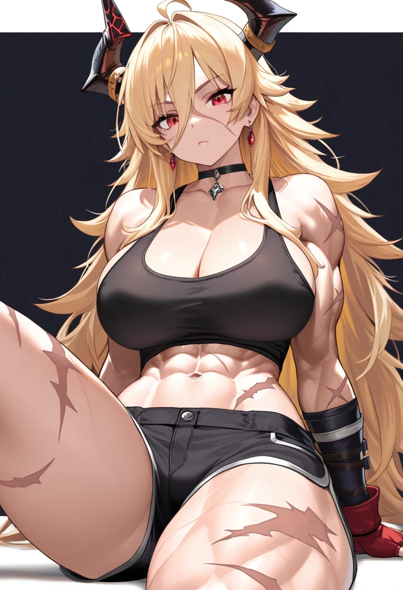 AngelicaV4, (blonde hair:1.7), 1girl, breasts, large_breasts, armpits, looking_at_viewer, muscular_female, sweat, navel, sitting, fur_trim, spread_legs, cleavage, panties, fur_collar, black_panties, underwear, collar, strapless,