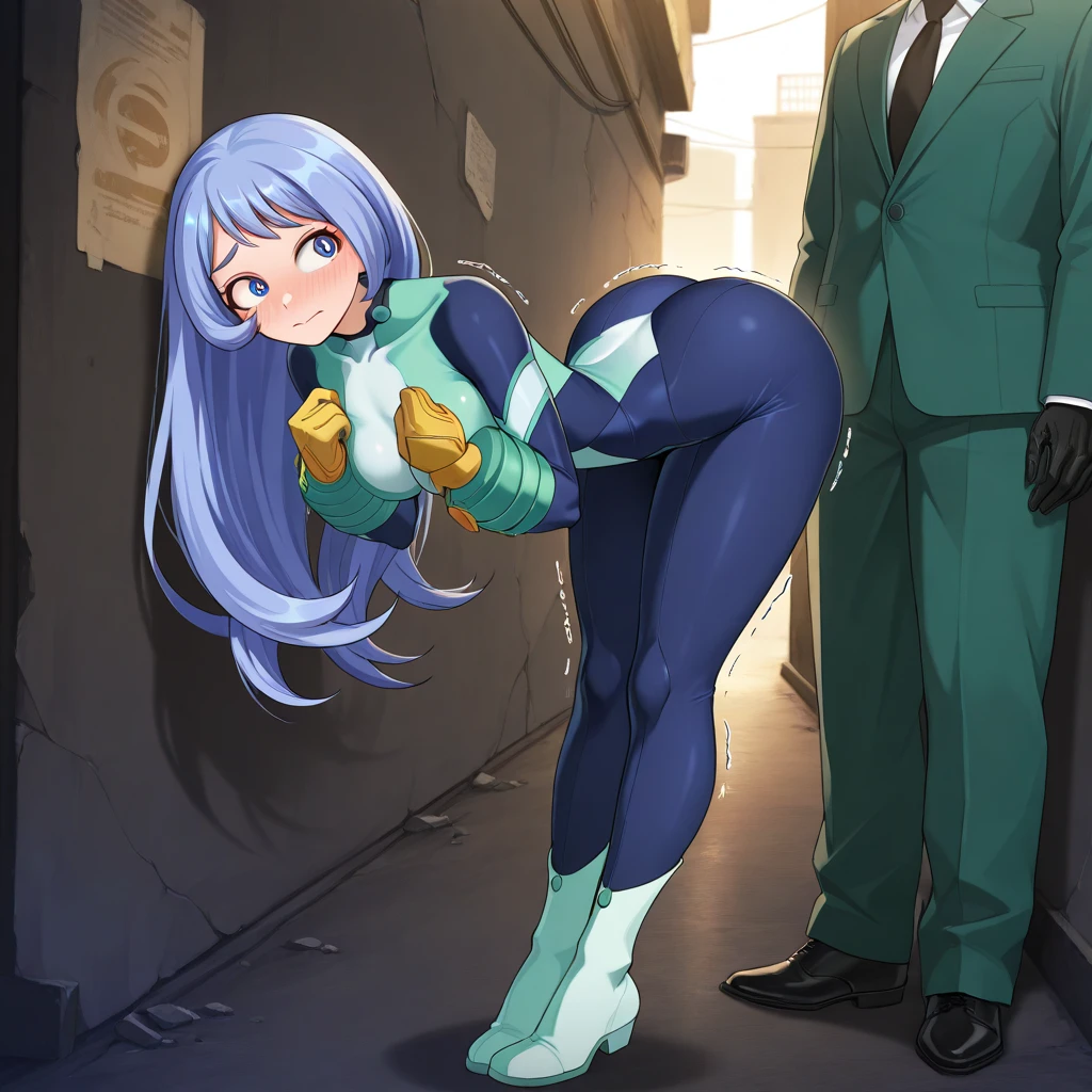 (high quality,Very detailed:1.37, High resolution), Woman, defSamus, blonde hair, bodysuit, blue clothes, blue pants, high heels, large breasts, (wetting herself:2.0), standing, (arms crossed:1.5), (embarrassed:1.5), (humiliation:1.5), (angry:1.25), (blushing:1.5), open mouth, Meticulous details, (extremely detailed eys:1.37), A moonlit sky with a futuristic hue
