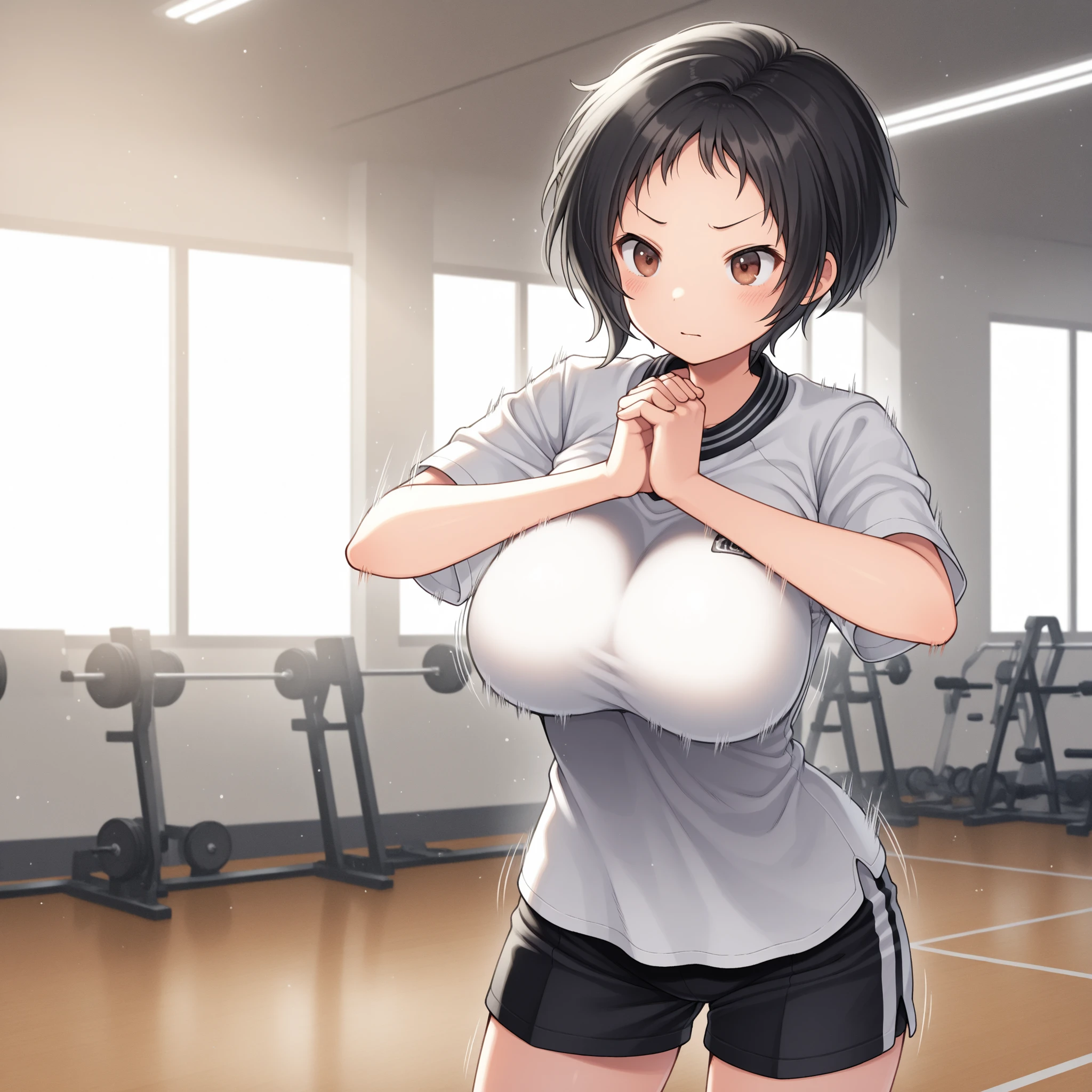 masterpiece、High resolution、High resolution、High resolution、1 woman、Very close、((Depiction of only the upper body、very very big breasts))、((Black Hair、short hair))、A kind smile、Laughing with your mouth open、Pink Lip Gloss、((Thin high leg sportswear、Mansuji、Put your hands behind your back))、gym