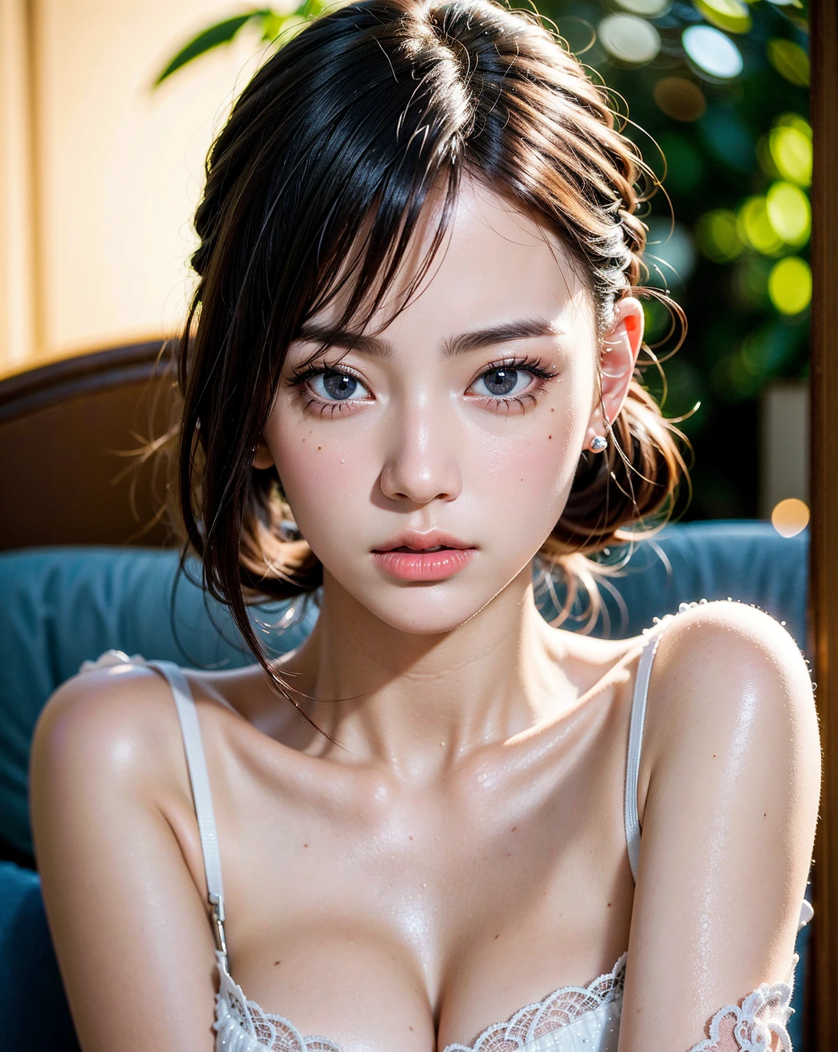 Close-up of a woman in a wet shirt posing for a photo,Brown Bob Hair, Brown Eye Color, Photorealistic, Ultra-realistic, 3D Realistic, Real young gravure idol, Realistic Anime 3D Style, [ 4K Photorealism ]!!, Japanese Goddess, Photorealistic girl render, [ 4K Photorealism ]!!!