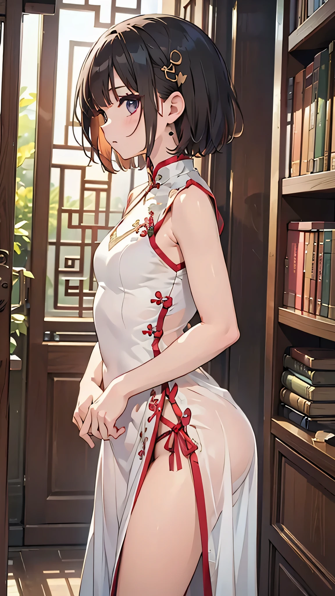 Sense of the thighs,with a pure white background,peeing self,C cup,Vigorous,China-style,High-class design sense,Promotional poster style,Red cheongsam,highly rendered,详细的脸