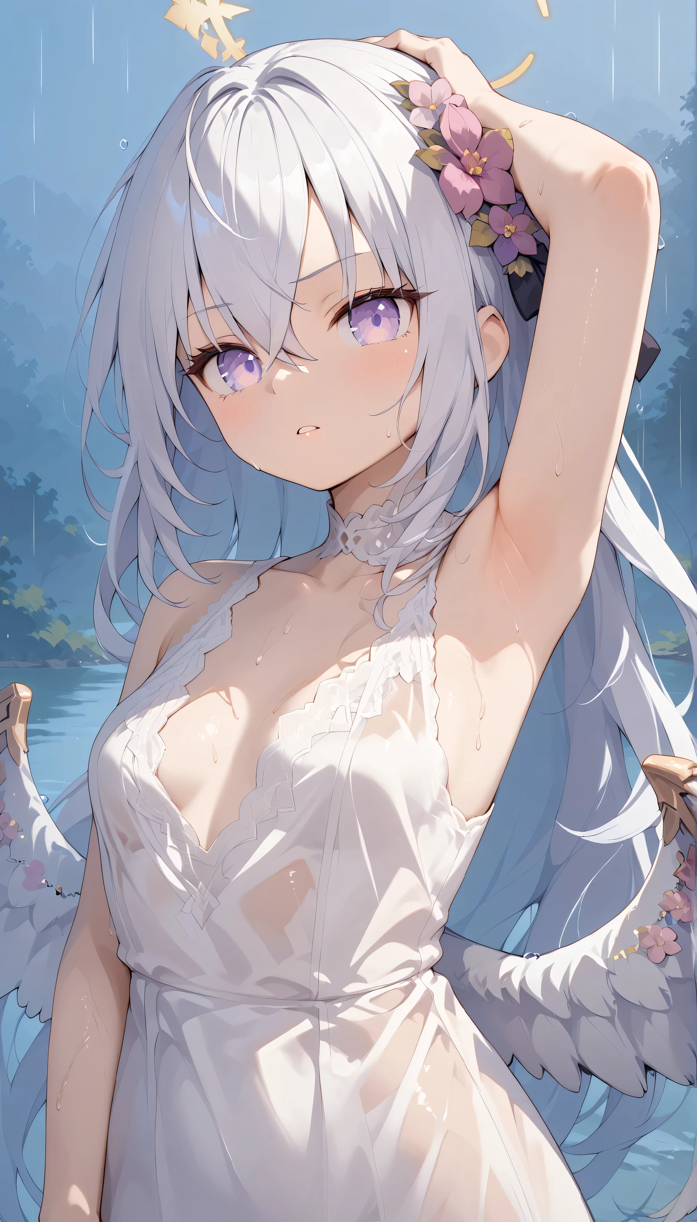 azusa (blue archive),purple eyes,white hair,long hair,wings,hair flower,halo, solo, I can see my eyebrows from the inside of my hair, hair between eyes, masterpiece, Best Quality, very aesthetic, hud_s1lk_ngwn, sleeveless white dress, lace trim, parted lips, beautiful see through, sweat skin, outdoor, rain, ((upper body)), standing, ((clavicle)), ((naked neck)), from side, ((show armpit)),((detailed armpit)), arm up, hand on head, (Open chest),