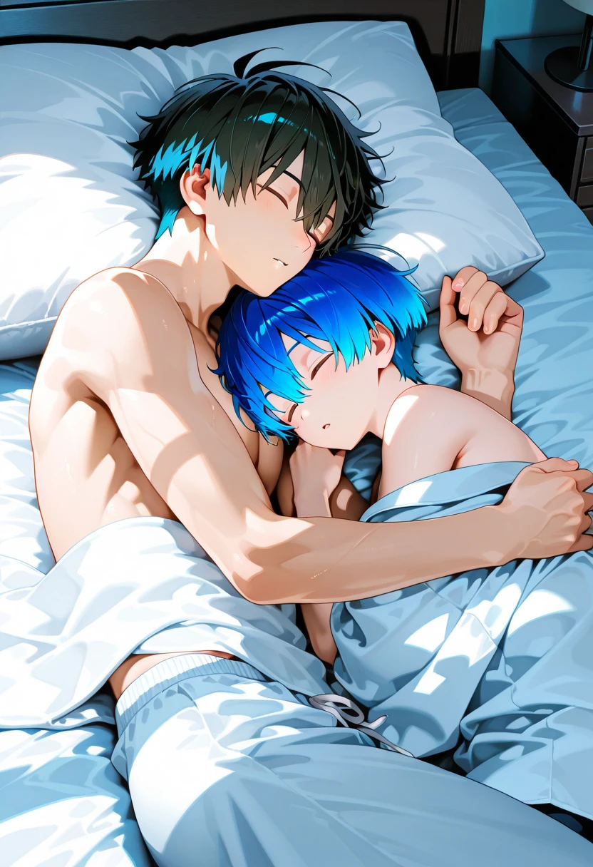 Boy,cute boy,Big belly,blue hair,yellow eyes,sleep, sleeping in bed, night, baby, hug,hugging a baby